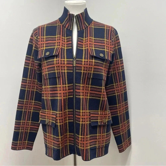 Rachel Zoe Plaid Zip Sweater Cardigan Jacket Knit Shacket. Orange & Navy. Medium - Picture 14 of 16
